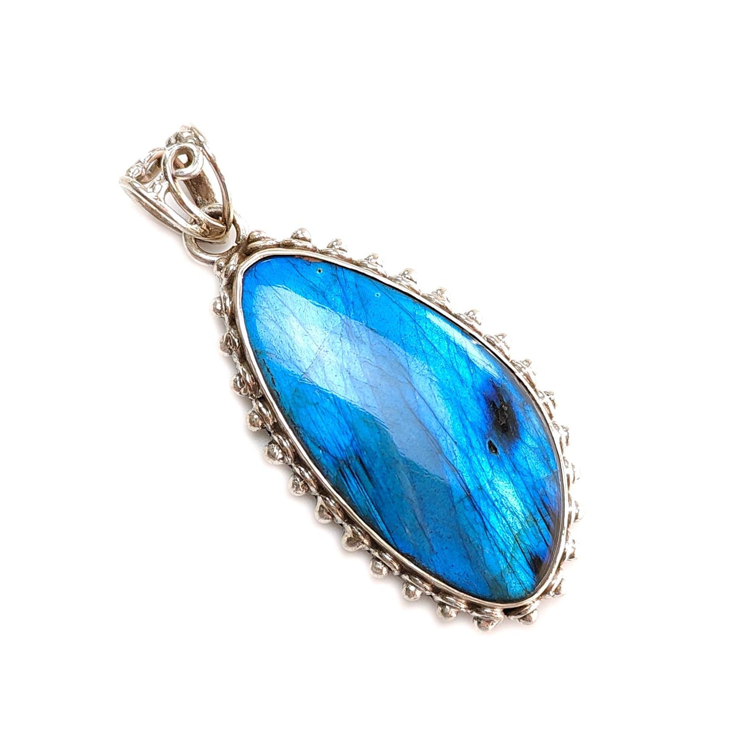 Blue Labradorite Plain Silver Pendant: 16.34gms Natural Untreated Labradorite Fancy Shape 925 Sterling Silver Bezel Set Pendant 2.30"