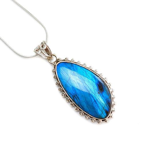Blue Labradorite Plain Silver Pendant: 16.34gms Natural Untreated Labradorite Fancy Shape 925 Sterling Silver Bezel Set Pendant 2.30"