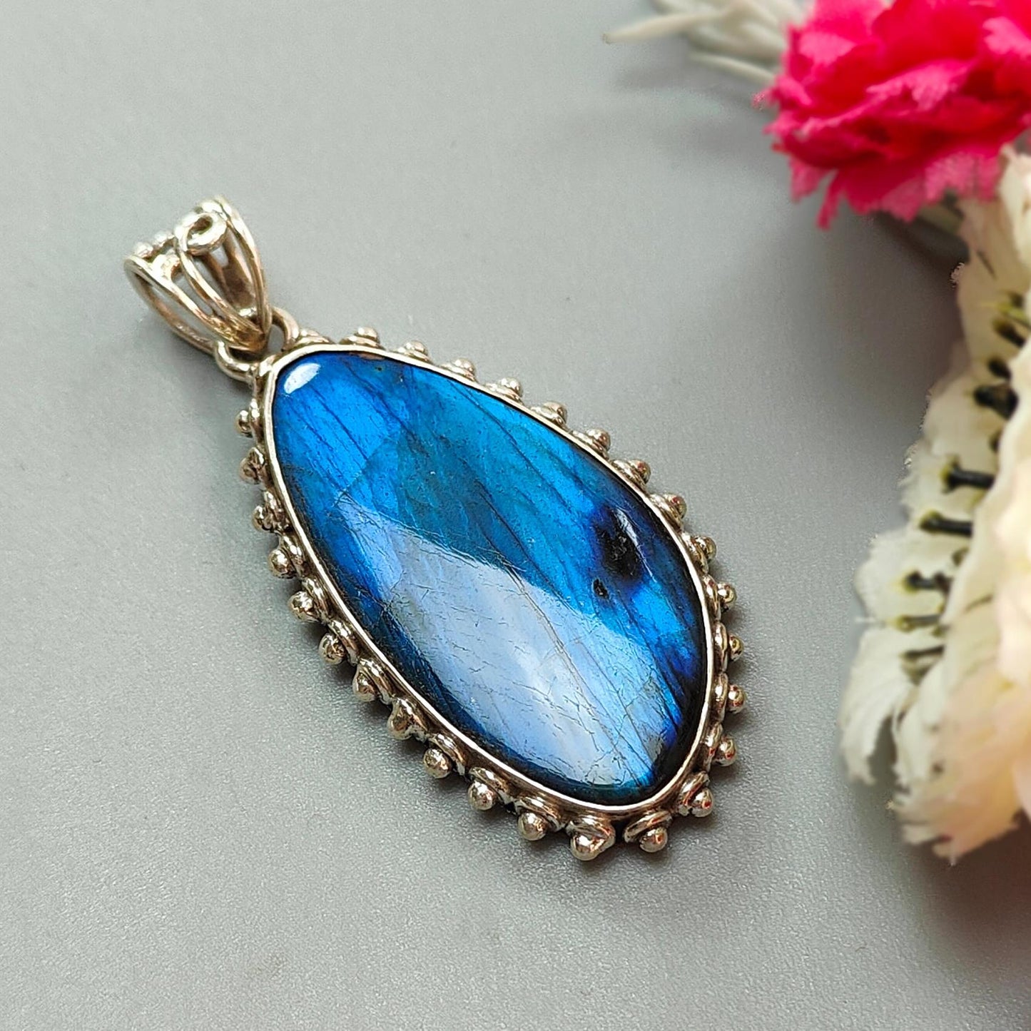 Blue Labradorite Plain Silver Pendant: 16.34gms Natural Untreated Labradorite Fancy Shape 925 Sterling Silver Bezel Set Pendant 2.30"