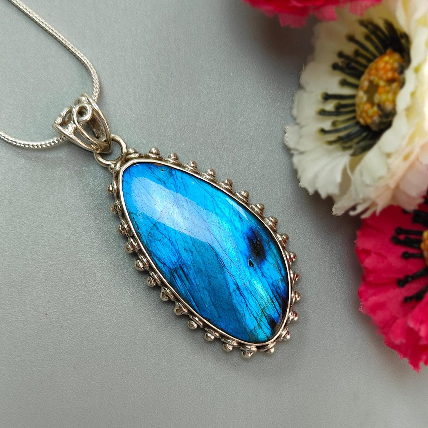 Blue Labradorite Plain Silver Pendant: 16.34gms Natural Untreated Labradorite Fancy Shape 925 Sterling Silver Bezel Set Pendant 2.30"