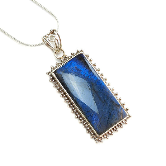 Blue Labradorite Plain Silver Pendant: 18.46gms Natural Untreated Labradorite Baguette Shape 925 Sterling Silver Bezel Set Pendant 2.30"