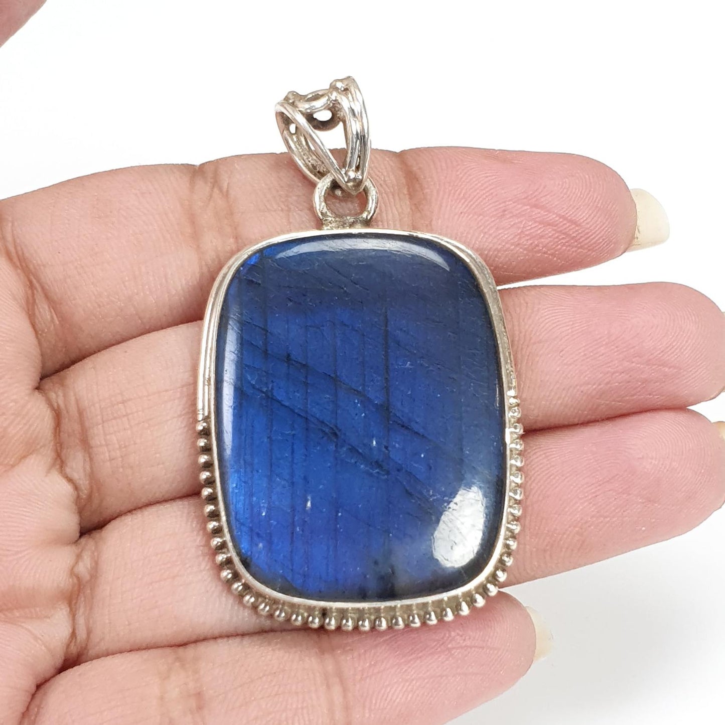 Blue Labradorite Plain Silver Pendant: 19.26gms Natural Untreated Labradorite Cushion Shape 925 Sterling Silver Bezel Set Pendant 2"