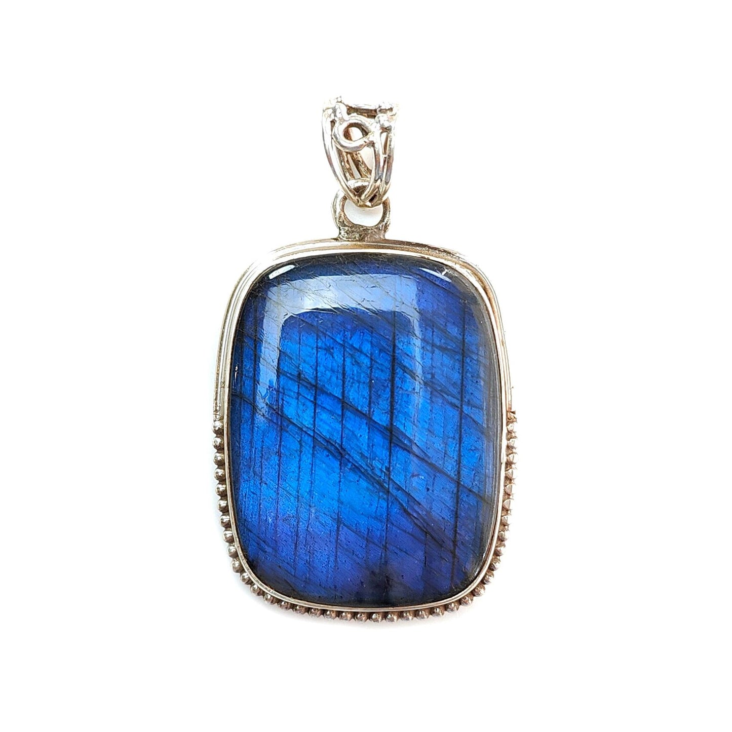 Blue Labradorite Plain Silver Pendant: 19.26gms Natural Untreated Labradorite Cushion Shape 925 Sterling Silver Bezel Set Pendant 2"