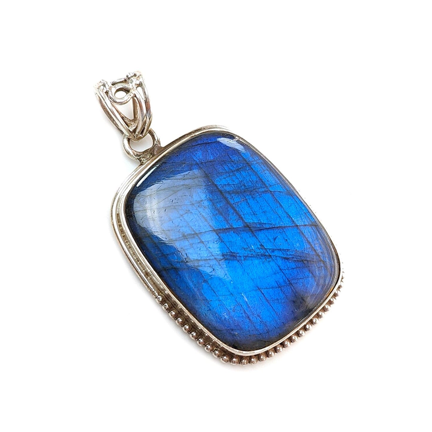 Blue Labradorite Plain Silver Pendant: 19.26gms Natural Untreated Labradorite Cushion Shape 925 Sterling Silver Bezel Set Pendant 2"