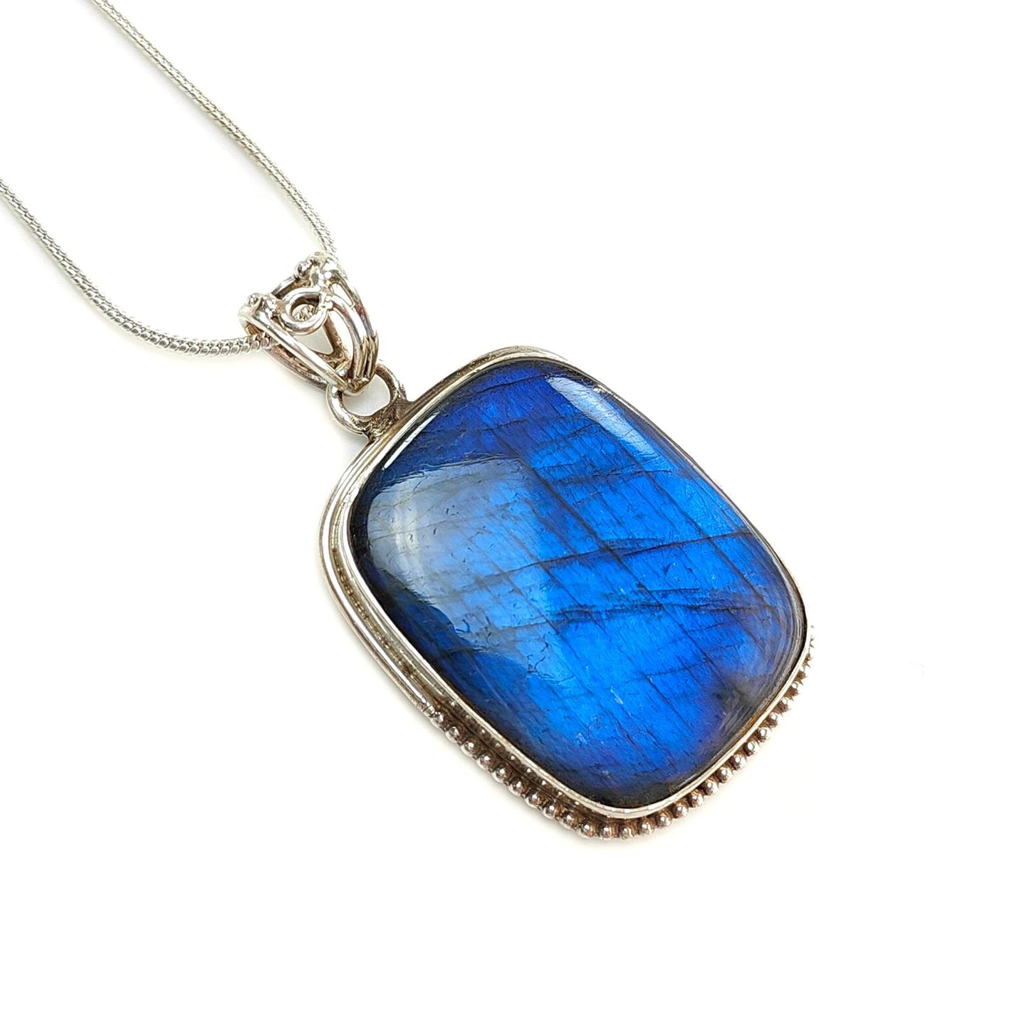 Blue Labradorite Plain Silver Pendant: 19.26gms Natural Untreated Labradorite Cushion Shape 925 Sterling Silver Bezel Set Pendant 2"