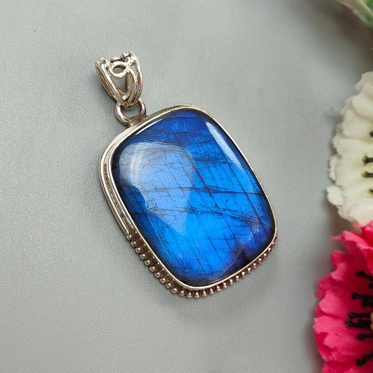 Blue Labradorite Plain Silver Pendant: 19.26gms Natural Untreated Labradorite Cushion Shape 925 Sterling Silver Bezel Set Pendant 2"