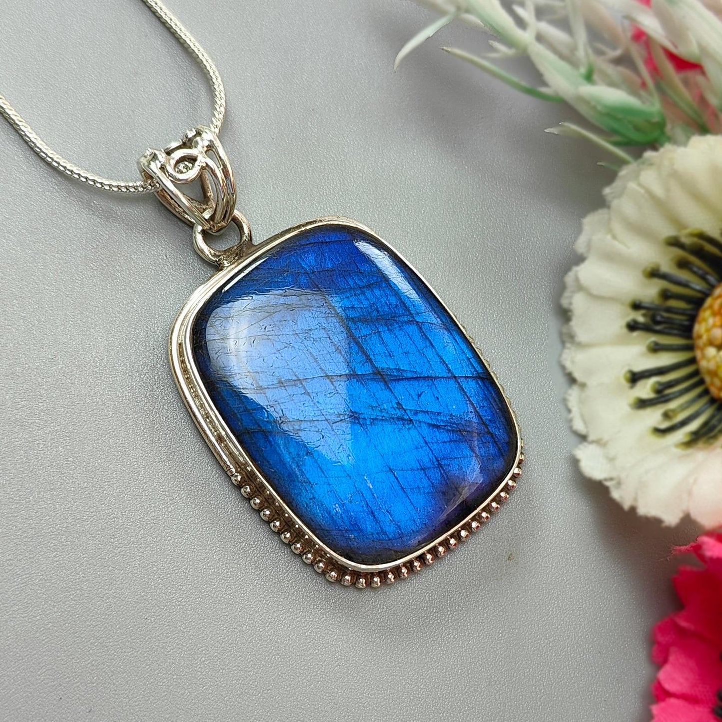 Blue Labradorite Plain Silver Pendant: 19.26gms Natural Untreated Labradorite Cushion Shape 925 Sterling Silver Bezel Set Pendant 2"