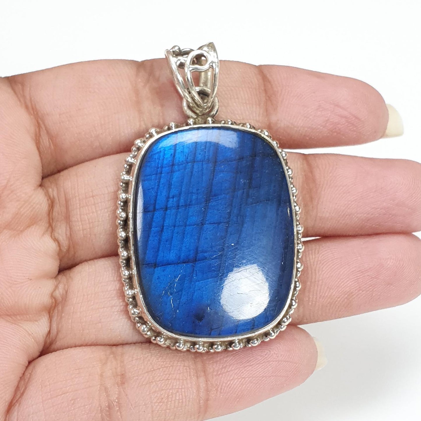 Blue Labradorite Plain Silver Pendant: 19.58gms Natural Untreated Labradorite Cushion Shape 925 Sterling Silver Bezel Set Pendant 2"