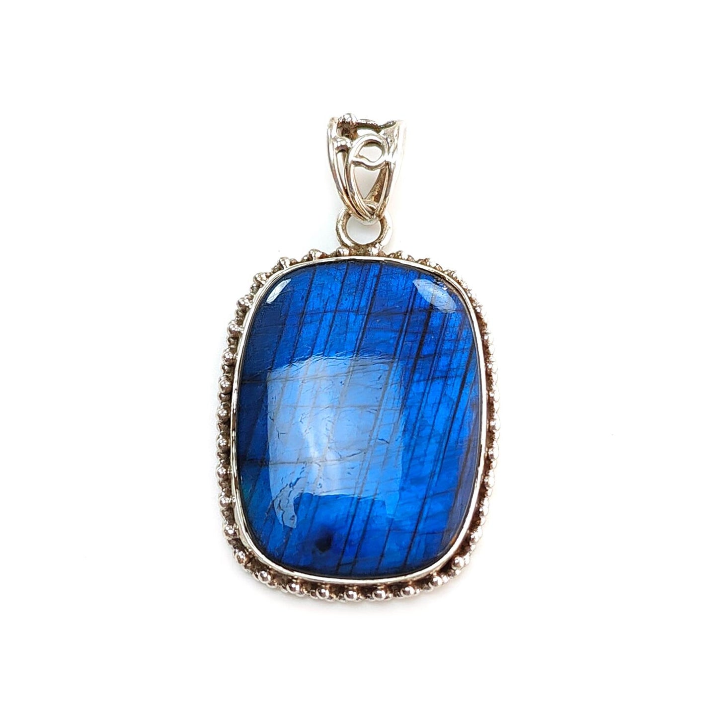 Blue Labradorite Plain Silver Pendant: 19.58gms Natural Untreated Labradorite Cushion Shape 925 Sterling Silver Bezel Set Pendant 2"