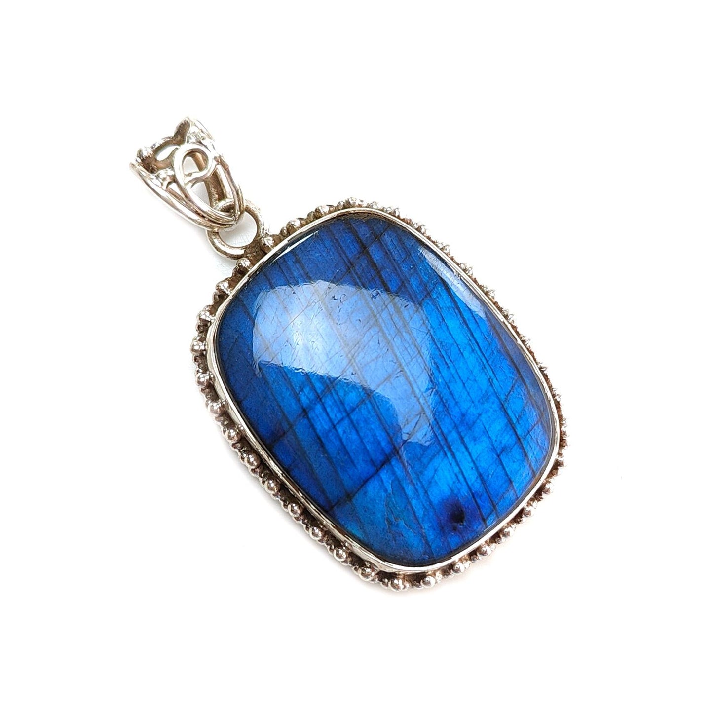 Blue Labradorite Plain Silver Pendant: 19.58gms Natural Untreated Labradorite Cushion Shape 925 Sterling Silver Bezel Set Pendant 2"