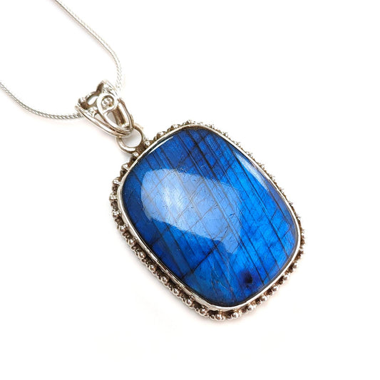 Blue Labradorite Plain Silver Pendant: 19.58gms Natural Untreated Labradorite Cushion Shape 925 Sterling Silver Bezel Set Pendant 2"