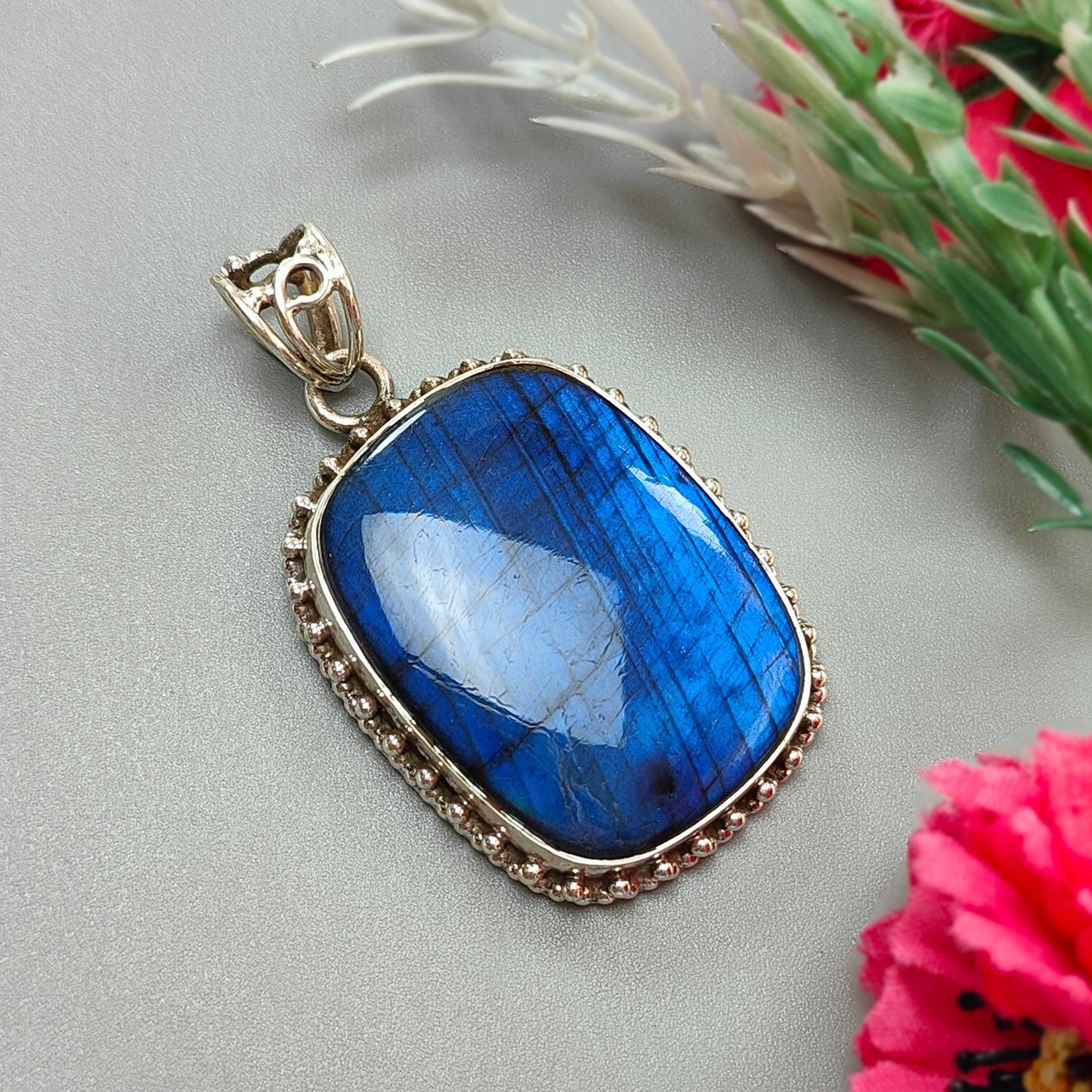 Blue Labradorite Plain Silver Pendant: 19.58gms Natural Untreated Labradorite Cushion Shape 925 Sterling Silver Bezel Set Pendant 2"