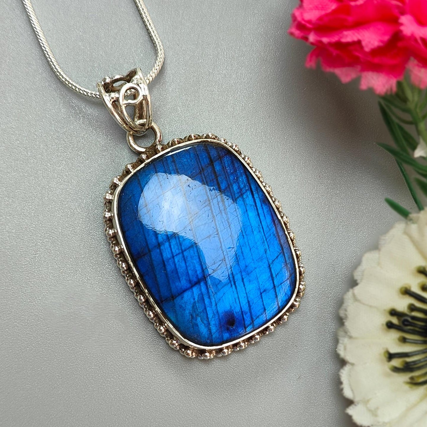 Blue Labradorite Plain Silver Pendant: 19.58gms Natural Untreated Labradorite Cushion Shape 925 Sterling Silver Bezel Set Pendant 2"