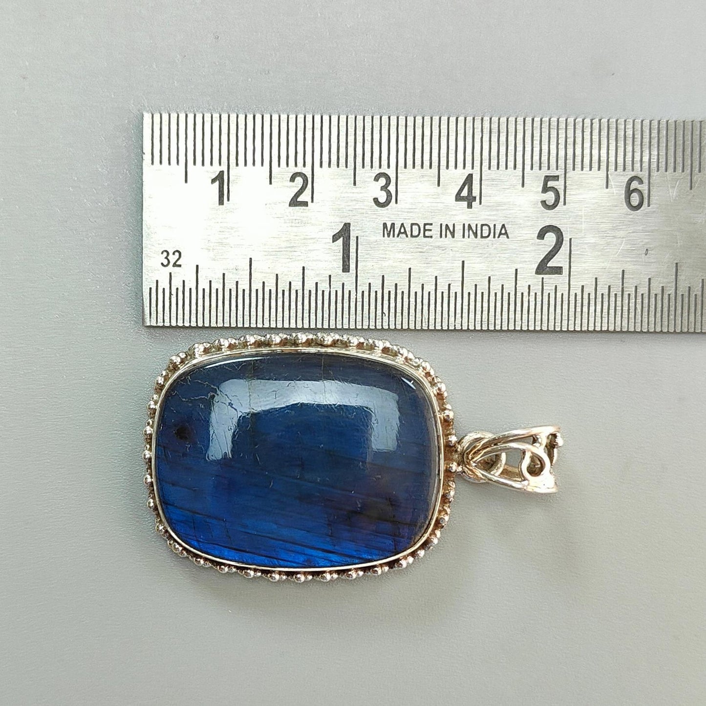 Blue Labradorite Plain Silver Pendant: 19.58gms Natural Untreated Labradorite Cushion Shape 925 Sterling Silver Bezel Set Pendant 2"