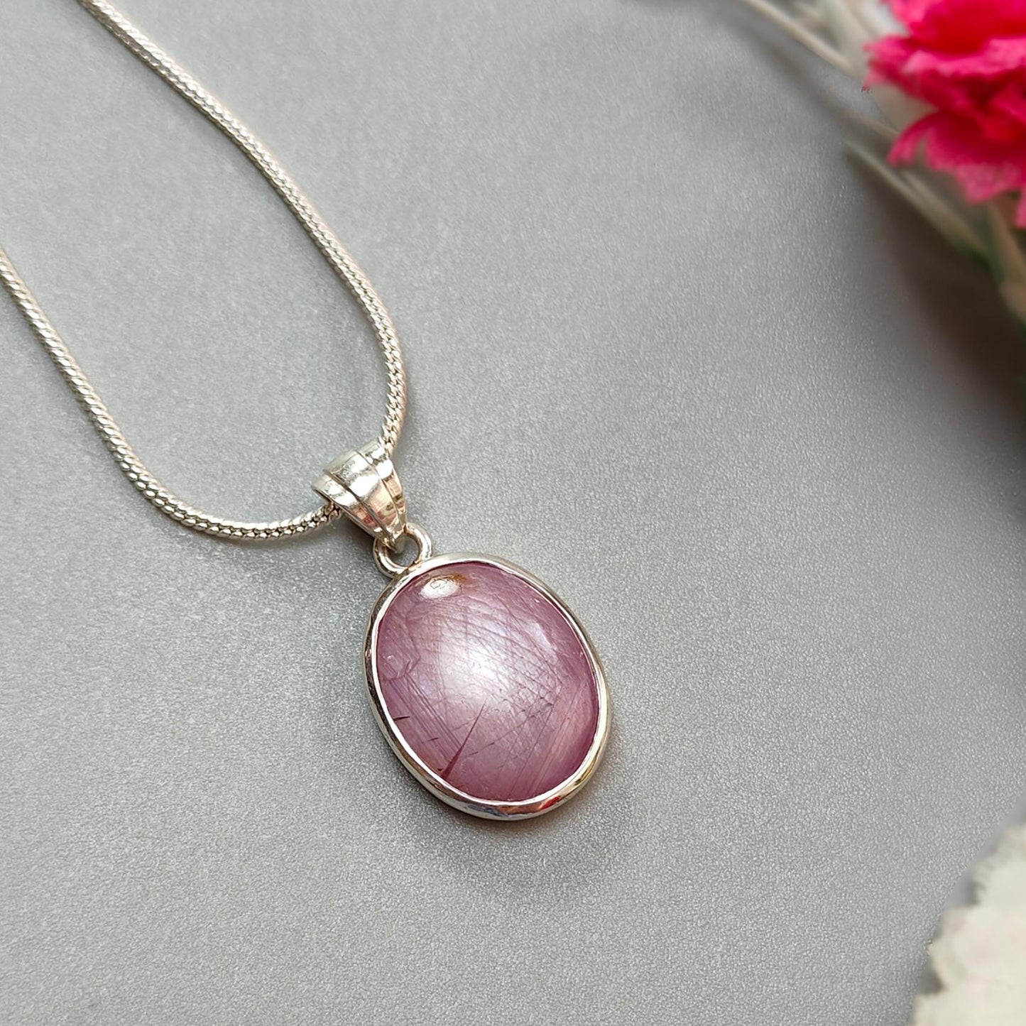 Star Ruby Silver Pendant: 3.78gms Natural Untreated Star Ruby Oval Shape Cabochon 925 Sterling Silver Bezel Set Pendant 1"