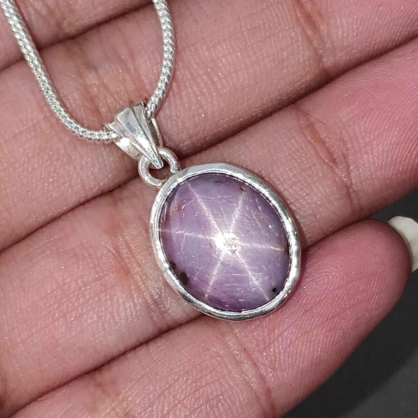 Star Ruby Silver Pendant: 3.87gms Natural Untreated Star Ruby Oval Shape Cabochon 925 Sterling Silver Bezel Set Pendant 1"