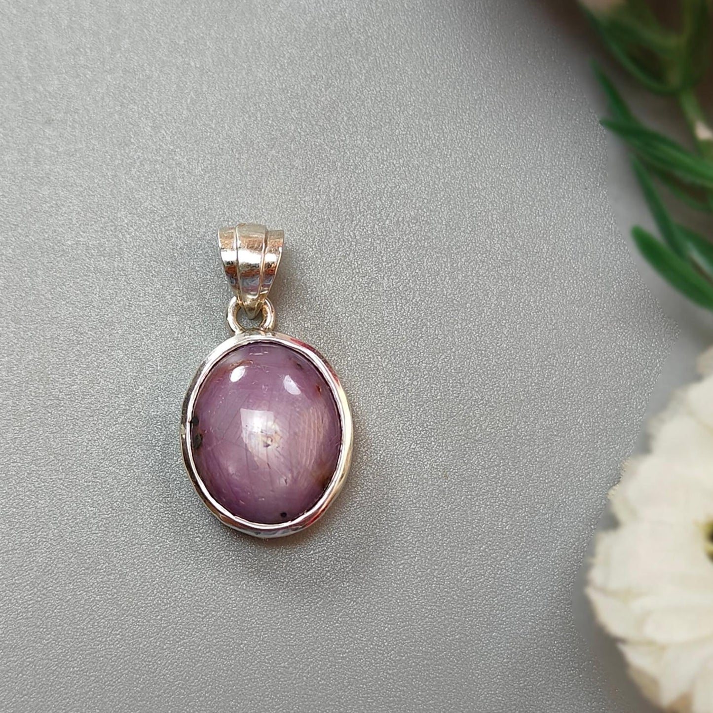 Star Ruby Silver Pendant: 3.87gms Natural Untreated Star Ruby Oval Shape Cabochon 925 Sterling Silver Bezel Set Pendant 1"