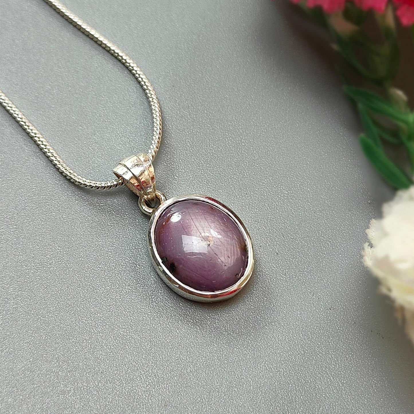 Star Ruby Silver Pendant: 3.87gms Natural Untreated Star Ruby Oval Shape Cabochon 925 Sterling Silver Bezel Set Pendant 1"