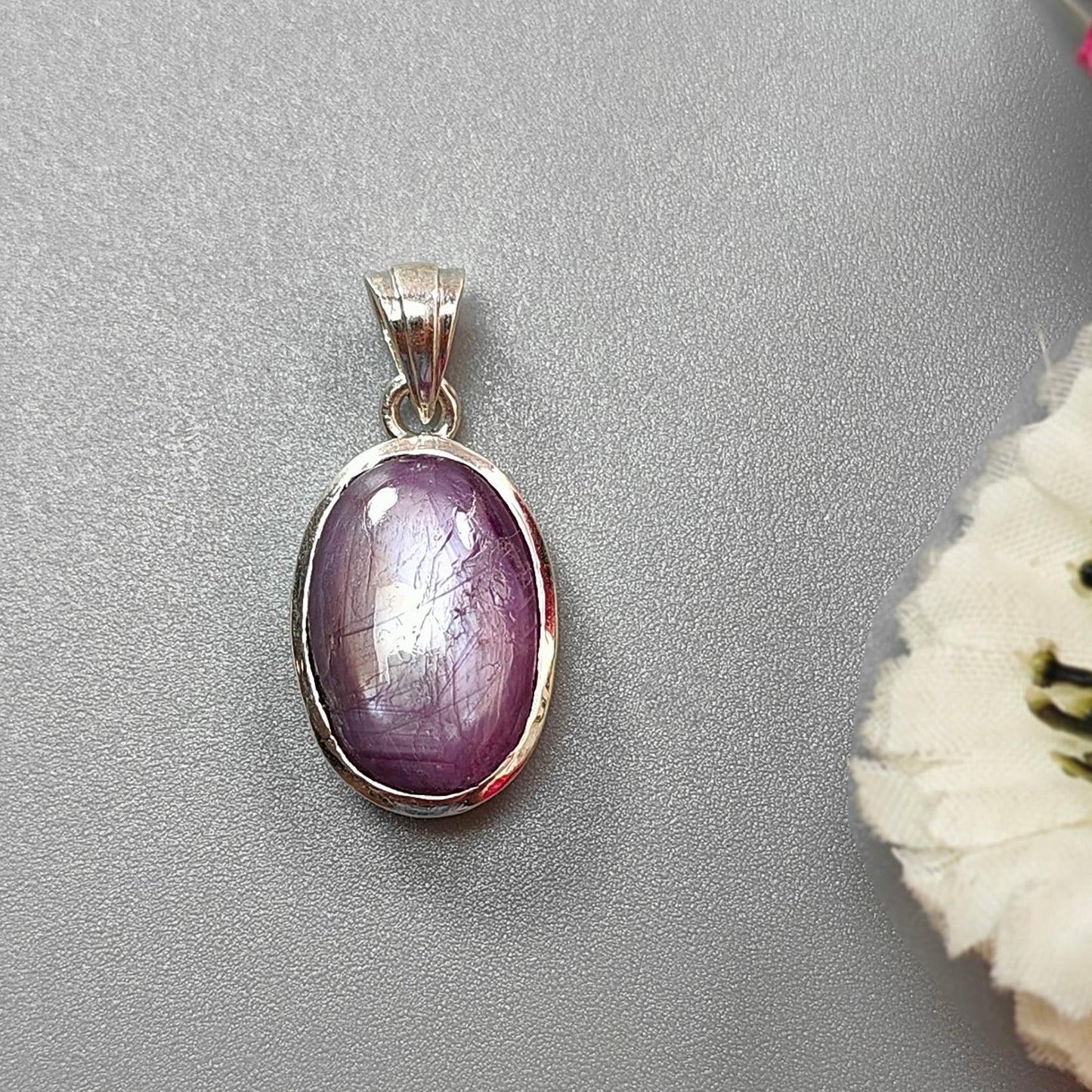 Star Ruby Silver Pendant: 4.47gms Natural Untreated Both Side Star Ruby Oval Shape Cabochon 925 Sterling Silver Bezel Set Pendant 1.30"