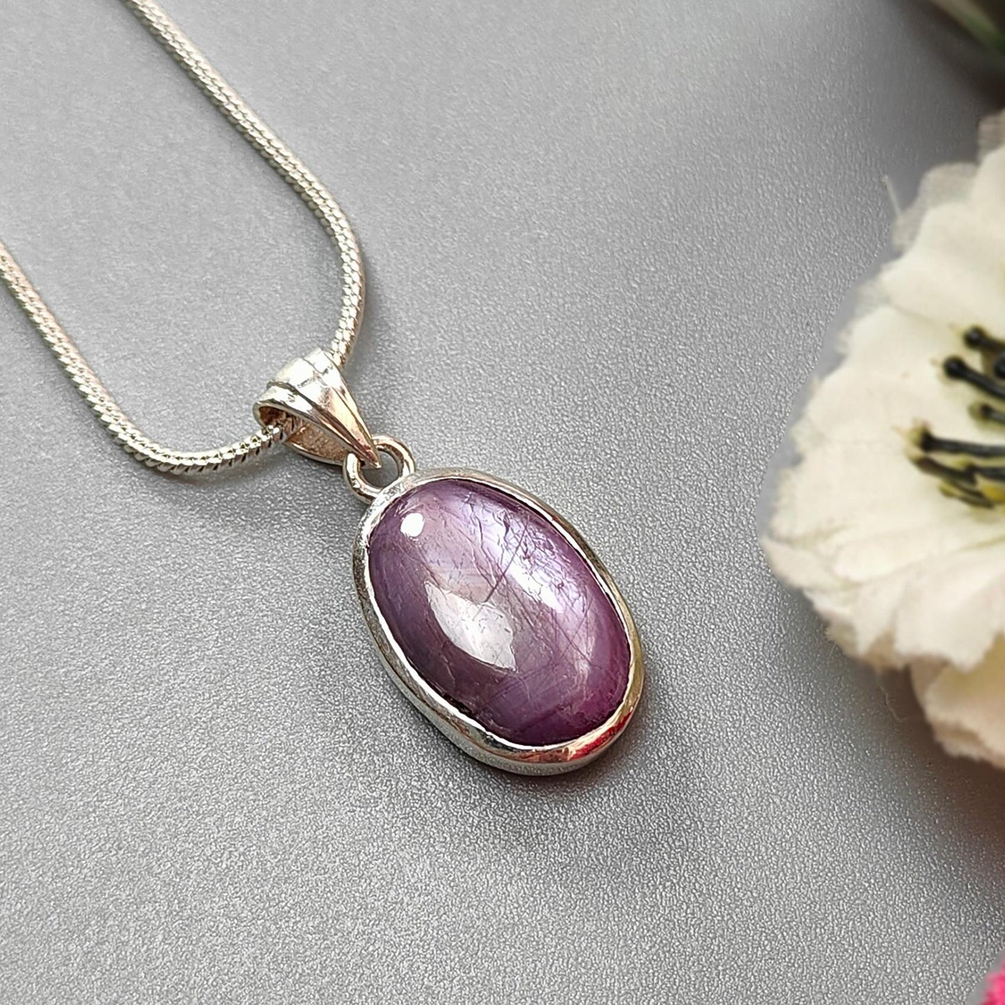 Star Ruby Silver Pendant: 4.47gms Natural Untreated Both Side Star Ruby Oval Shape Cabochon 925 Sterling Silver Bezel Set Pendant 1.30"