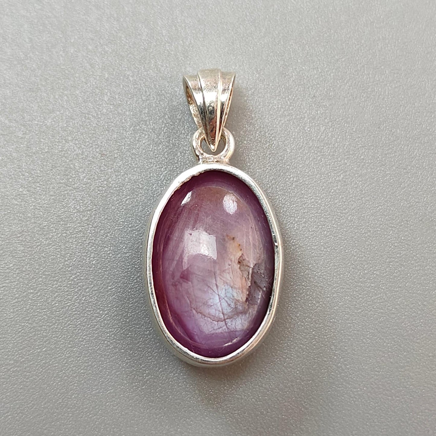 Star Ruby Silver Pendant: 4.47gms Natural Untreated Both Side Star Ruby Oval Shape Cabochon 925 Sterling Silver Bezel Set Pendant 1.30"