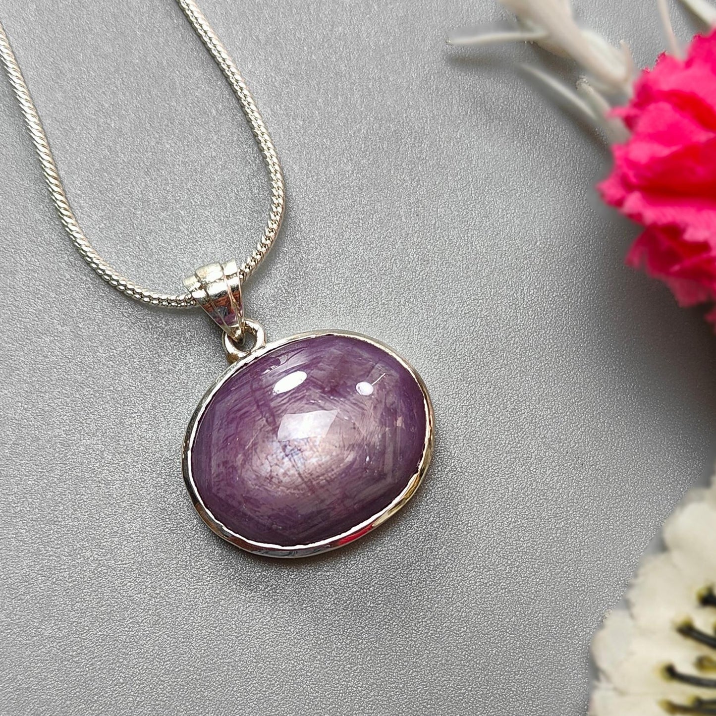 Star Ruby Silver Pendant: 7.12gms Natural Untreated Star Ruby Oval Shape Cabochon 925 Sterling Silver Bezel Set Pendant 1"