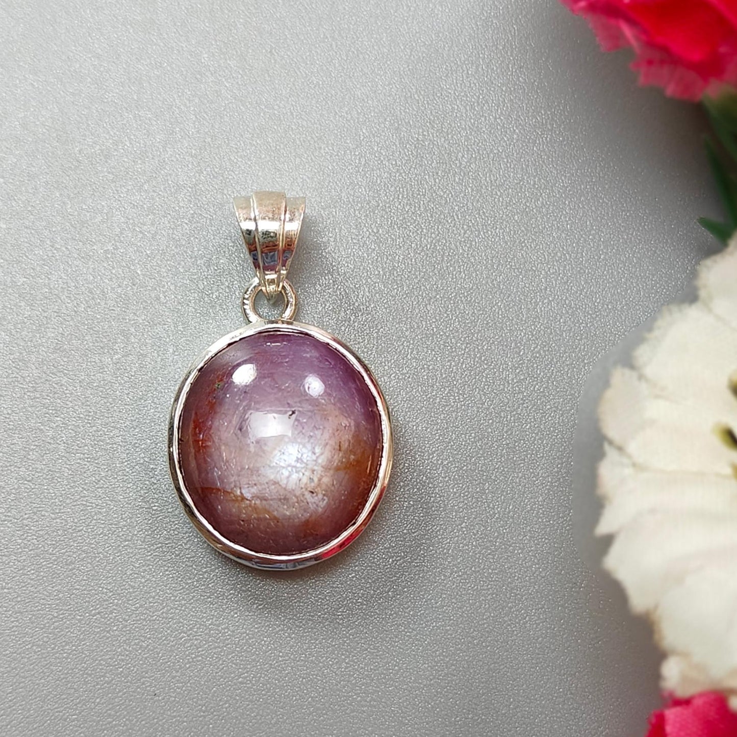Star Ruby Silver Pendant: 4.14gms Natural Untreated Star Ruby Oval Shape Cabochon 925 Sterling Silver Bezel Set Pendant 1"