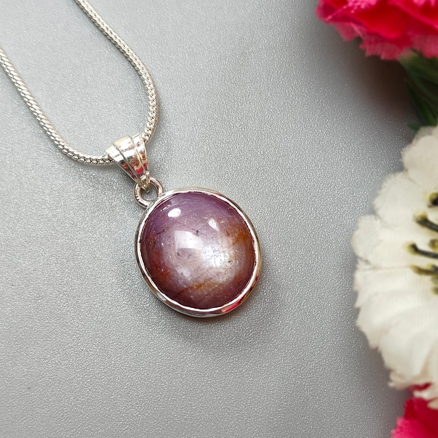 Star Ruby Silver Pendant: 4.14gms Natural Untreated Star Ruby Oval Shape Cabochon 925 Sterling Silver Bezel Set Pendant 1"