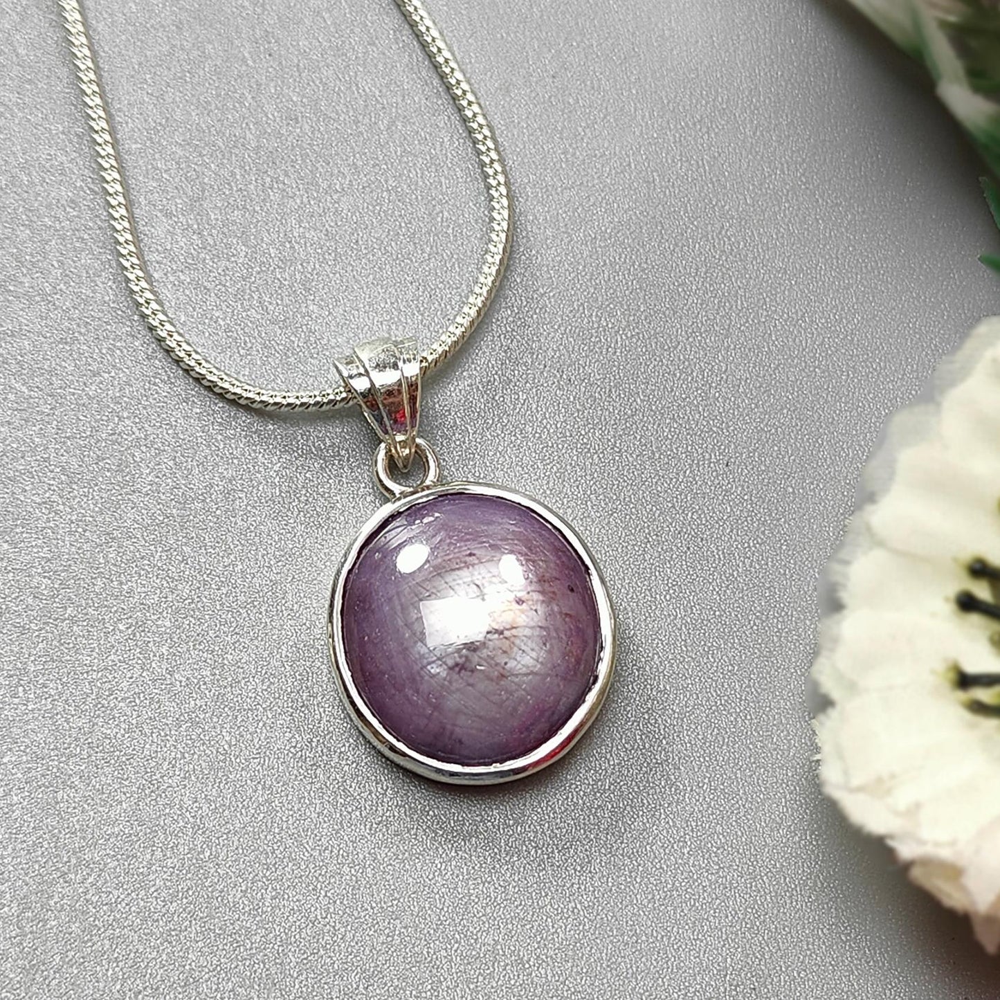 Star Ruby Silver Pendant: 5.47gms Natural Untreated Star Ruby Oval Shape Cabochon 925 Sterling Silver Bezel Set Pendant 1.20"