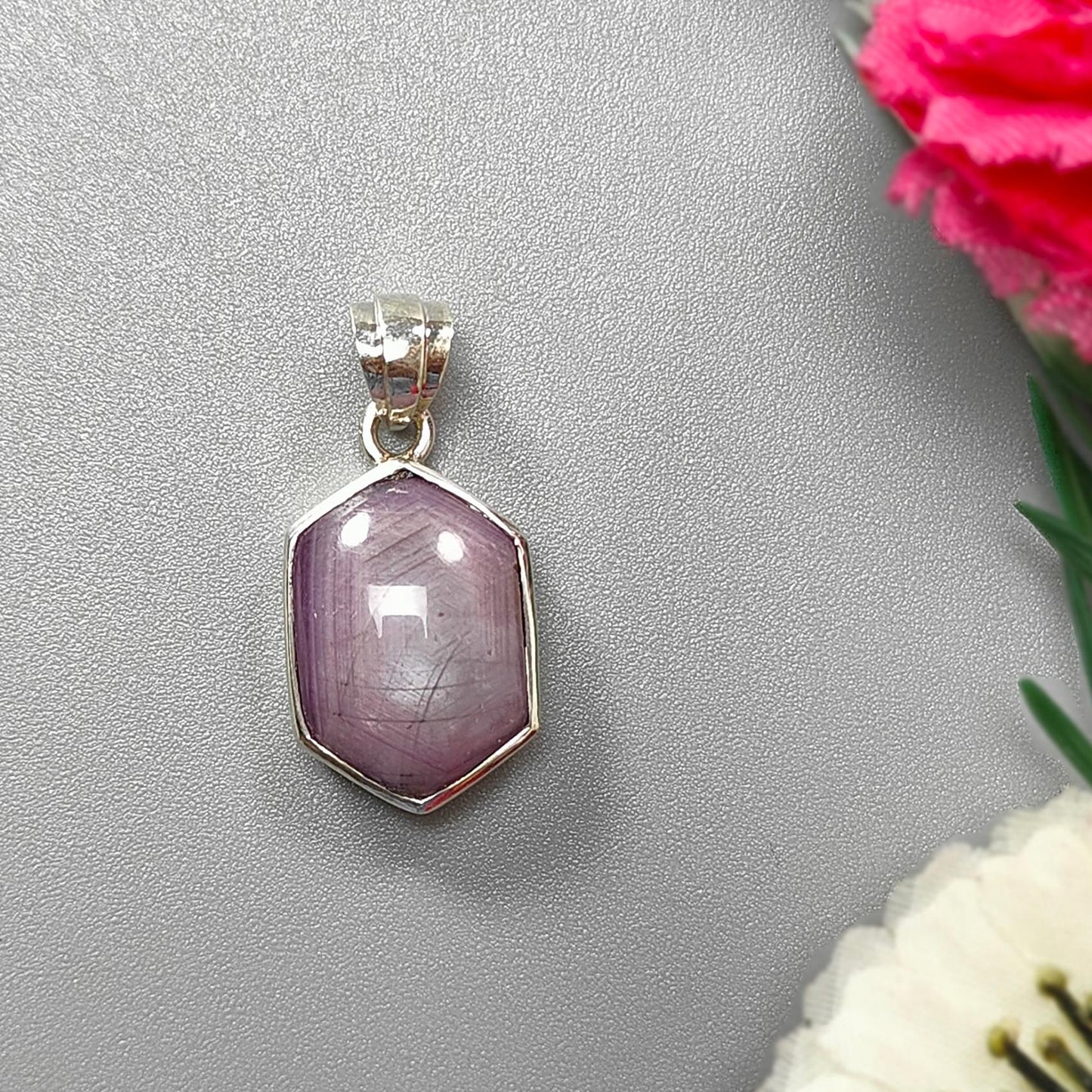 Star Ruby Silver Pendant: 4.30gms Natural Untreated Star Ruby Hexagon Shape Cabochon 925 Sterling Silver Bezel Set Pendant 1.10"