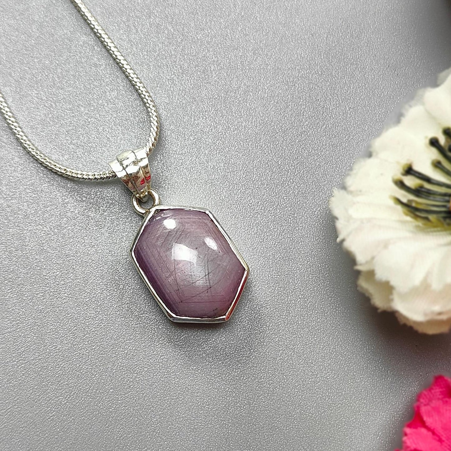 Star Ruby Silver Pendant: 4.30gms Natural Untreated Star Ruby Hexagon Shape Cabochon 925 Sterling Silver Bezel Set Pendant 1.10"