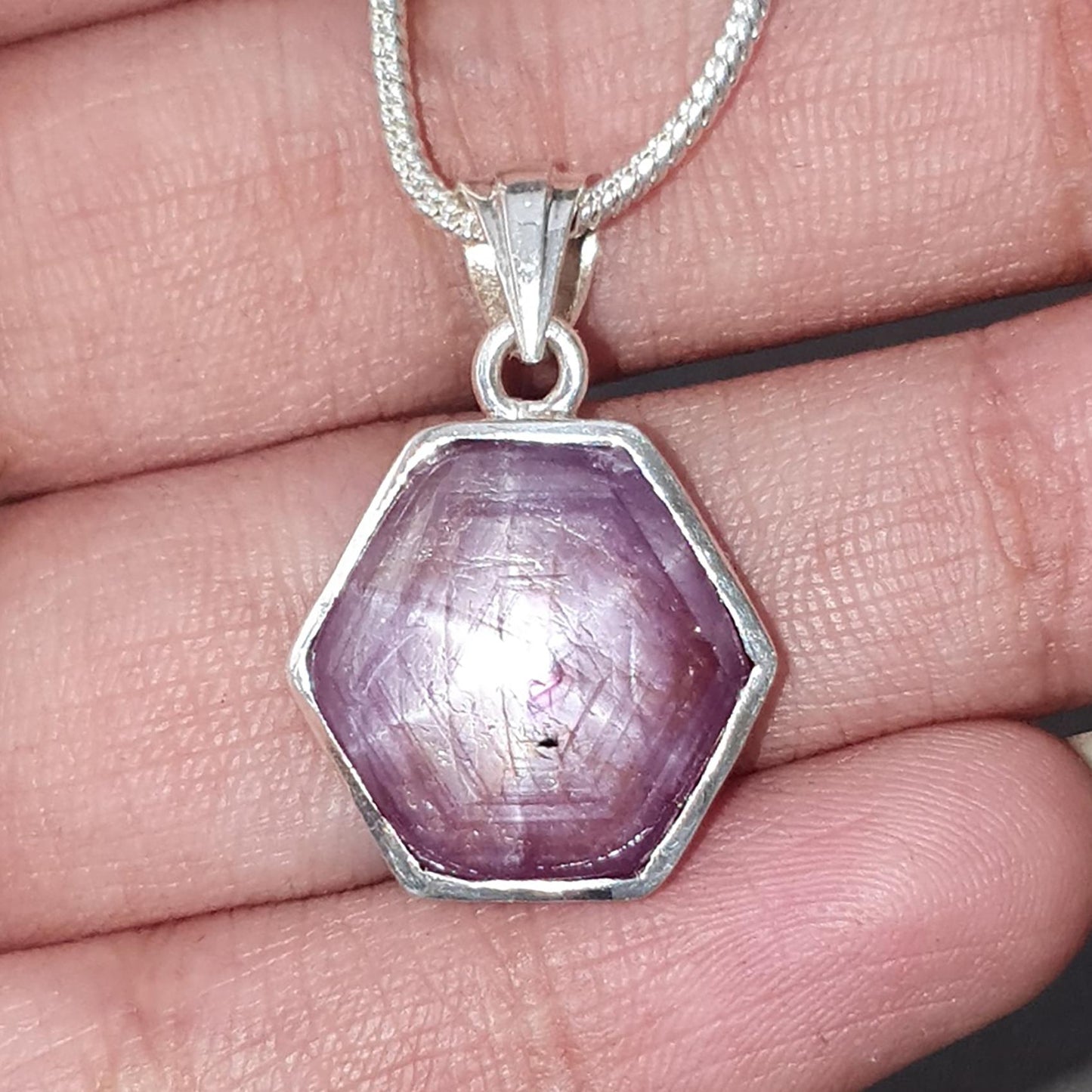 Star Ruby Silver Pendant: 4.51gms Natural Untreated Star Ruby Hexagon Shape Cabochon 925 Sterling Silver Bezel Set Pendant 1"