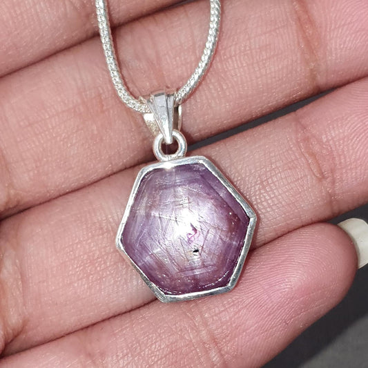 Star Ruby Silver Pendant: 4.51gms Natural Untreated Star Ruby Hexagon Shape Cabochon 925 Sterling Silver Bezel Set Pendant 1"