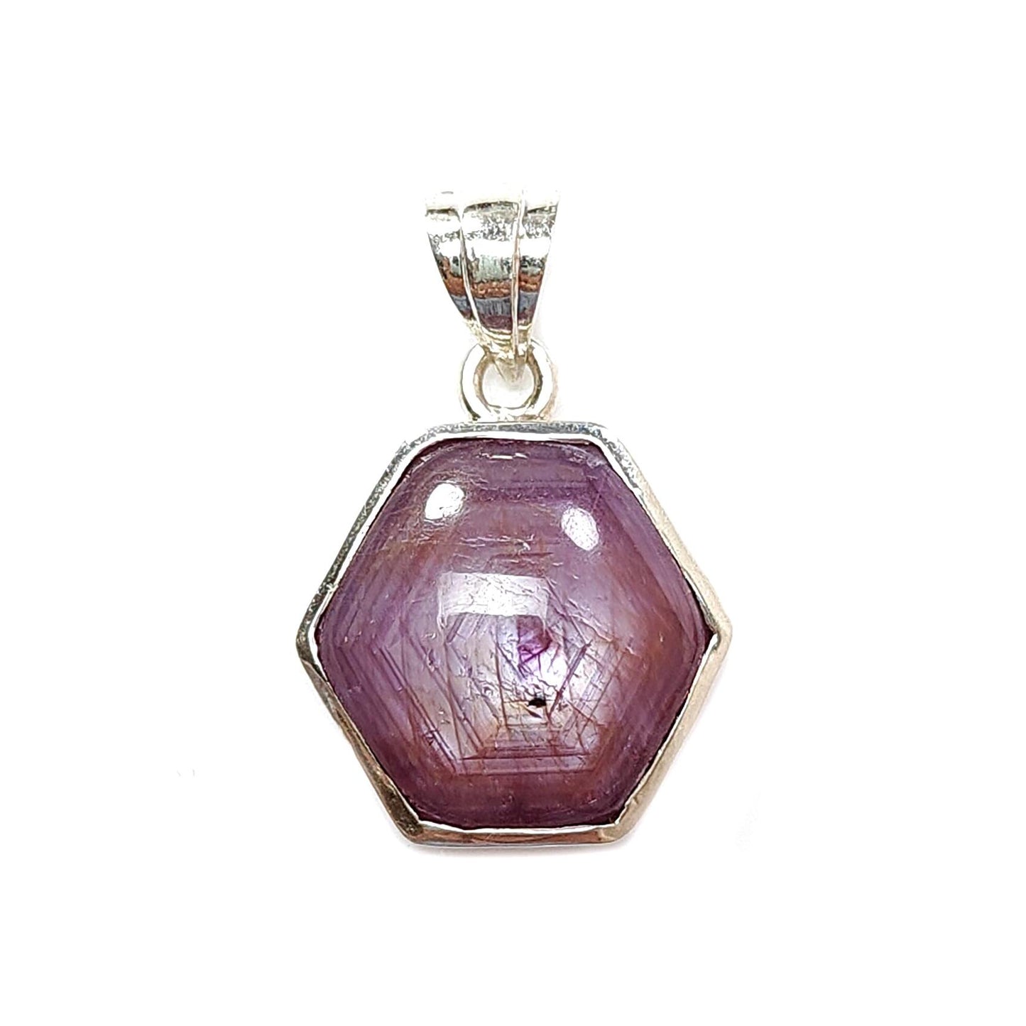 Star Ruby Silver Pendant: 4.51gms Natural Untreated Star Ruby Hexagon Shape Cabochon 925 Sterling Silver Bezel Set Pendant 1"