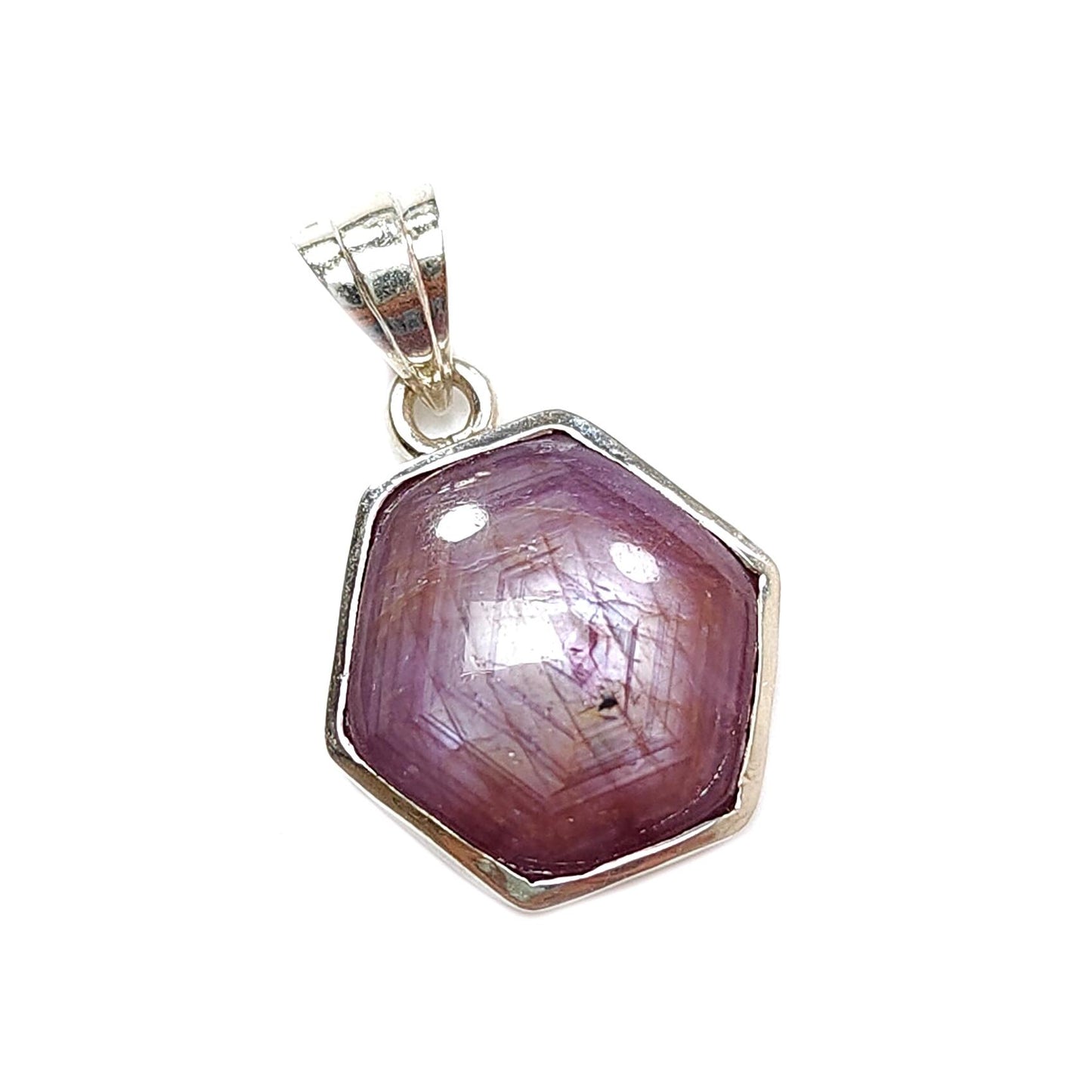 Star Ruby Silver Pendant: 4.51gms Natural Untreated Star Ruby Hexagon Shape Cabochon 925 Sterling Silver Bezel Set Pendant 1"