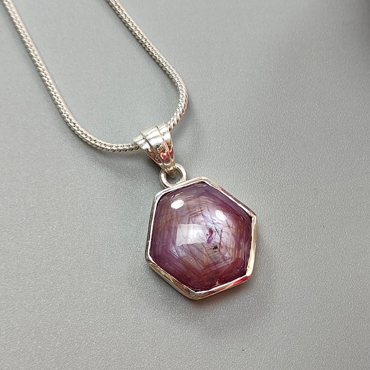Star Ruby Silver Pendant: 4.51gms Natural Untreated Star Ruby Hexagon Shape Cabochon 925 Sterling Silver Bezel Set Pendant 1"