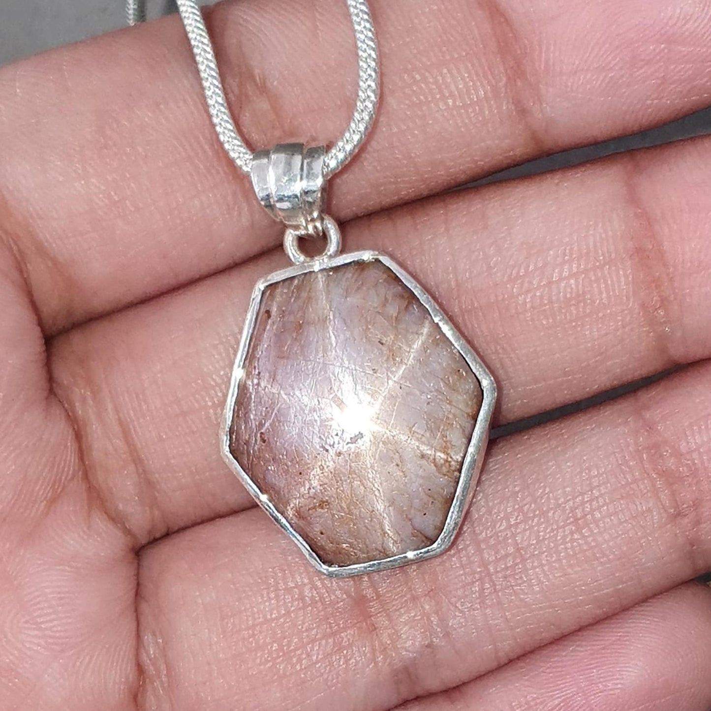 Star Ruby Silver Pendant: 5.48gms Natural Untreated Star Ruby Hexagon Shape Cabochon 925 Sterling Silver Bezel Set Pendant 1.30"