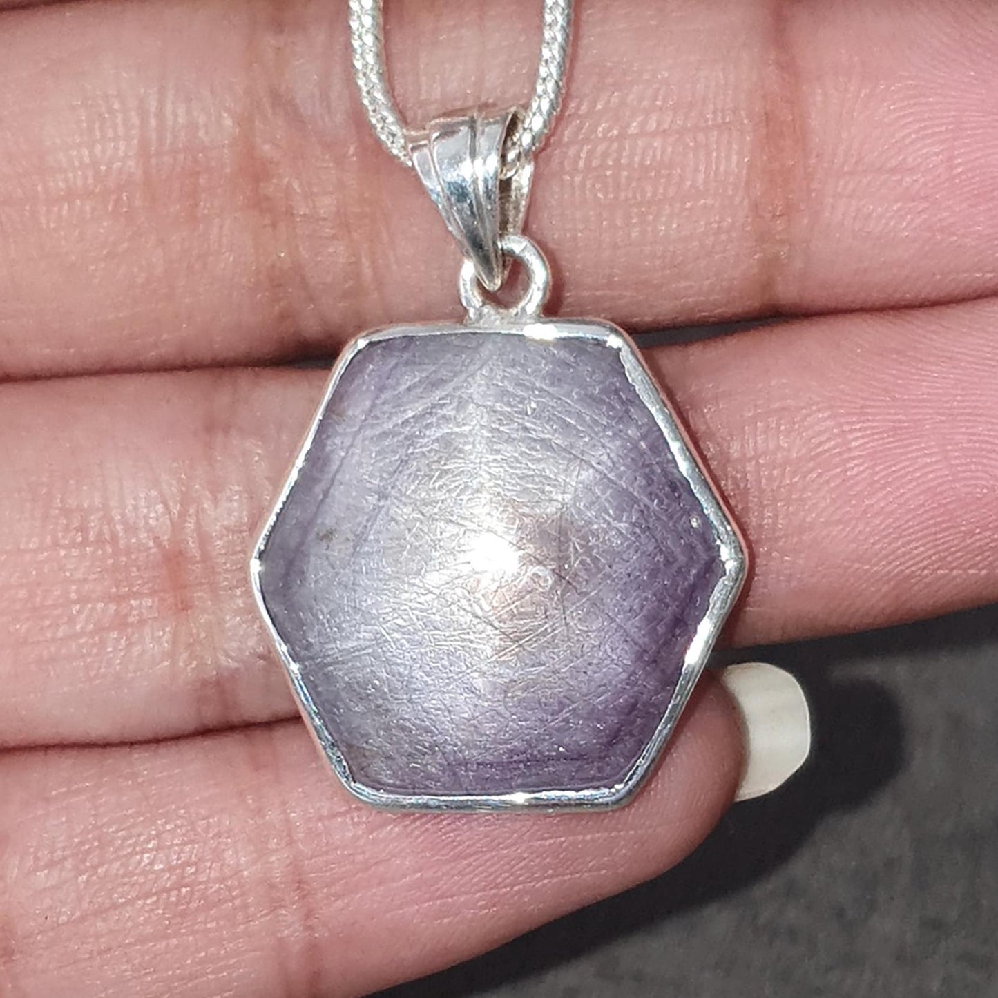 Star Ruby Silver Pendant: 5.47gms Natural Untreated Star Ruby Hexagon Shape Cabochon 925 Sterling Silver Bezel Set Pendant 1.30"