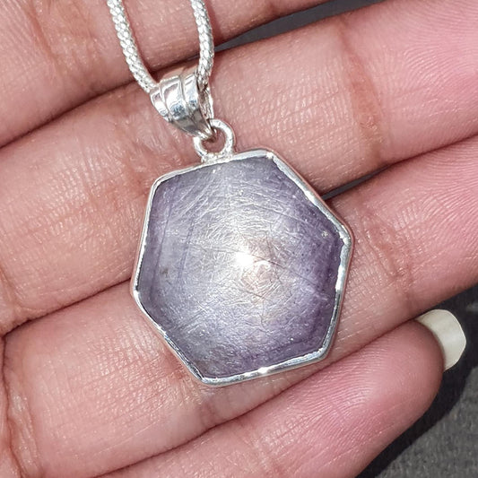 Star Ruby Silver Pendant: 5.47gms Natural Untreated Star Ruby Hexagon Shape Cabochon 925 Sterling Silver Bezel Set Pendant 1.30"