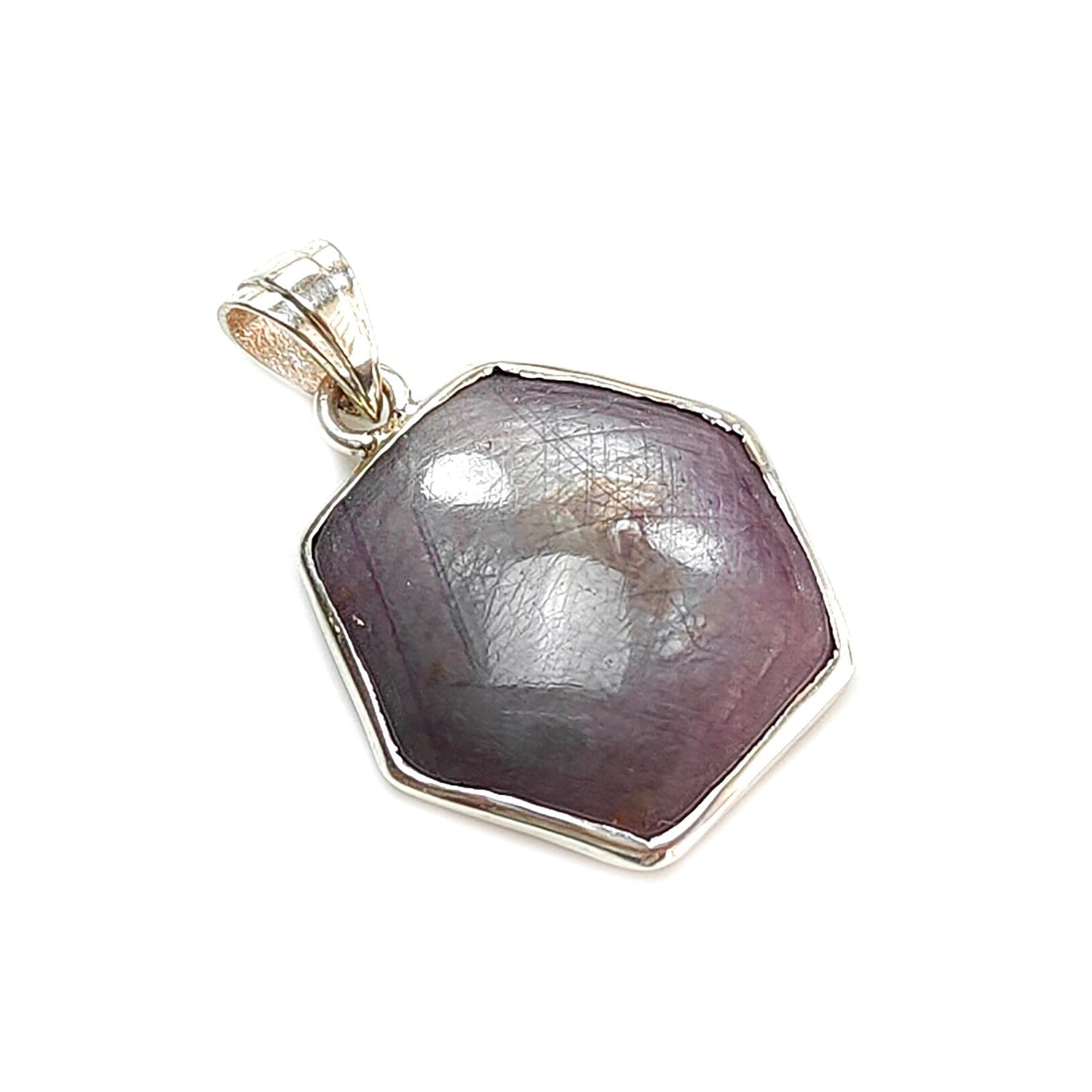 Star Ruby Silver Pendant: 5.47gms Natural Untreated Star Ruby Hexagon Shape Cabochon 925 Sterling Silver Bezel Set Pendant 1.30"