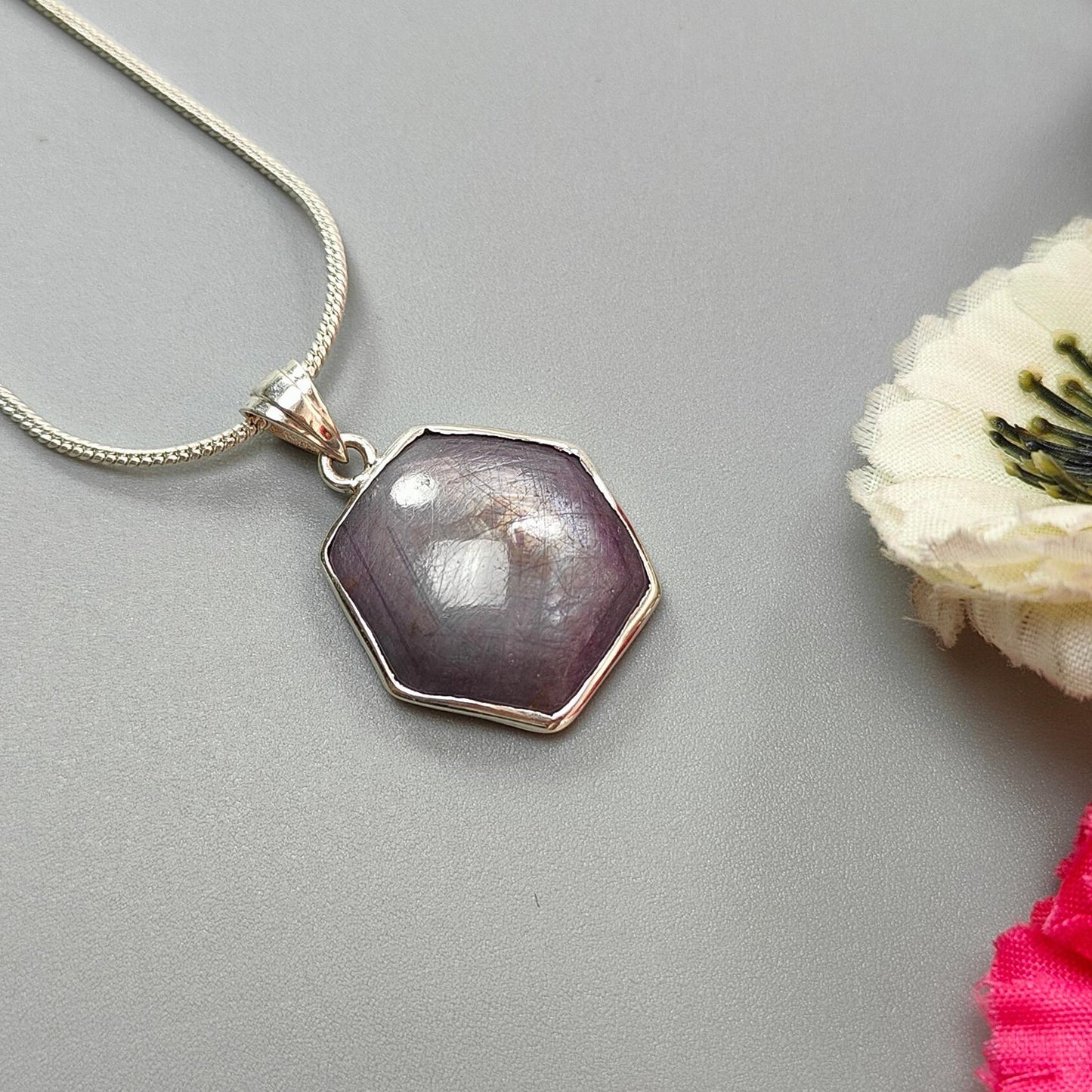 Star Ruby Silver Pendant: 5.47gms Natural Untreated Star Ruby Hexagon Shape Cabochon 925 Sterling Silver Bezel Set Pendant 1.30"