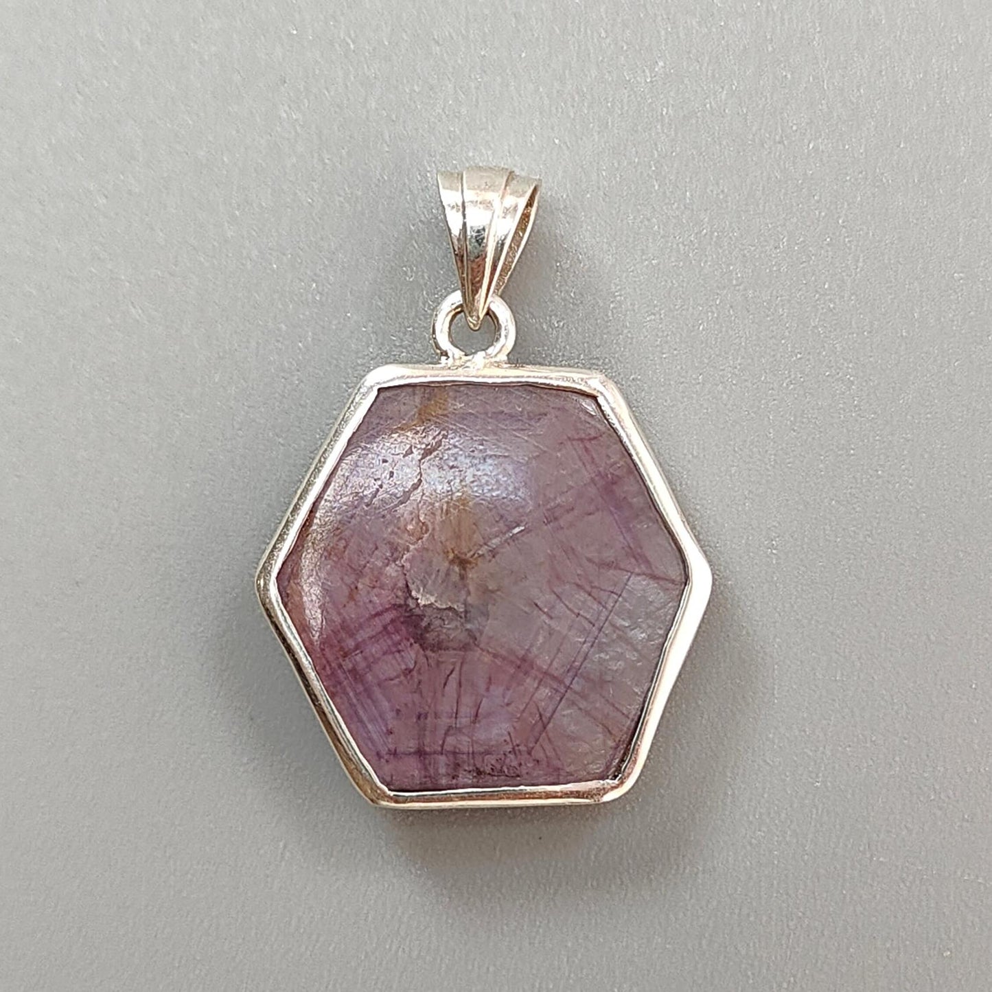 Star Ruby Silver Pendant: 5.47gms Natural Untreated Star Ruby Hexagon Shape Cabochon 925 Sterling Silver Bezel Set Pendant 1.30"