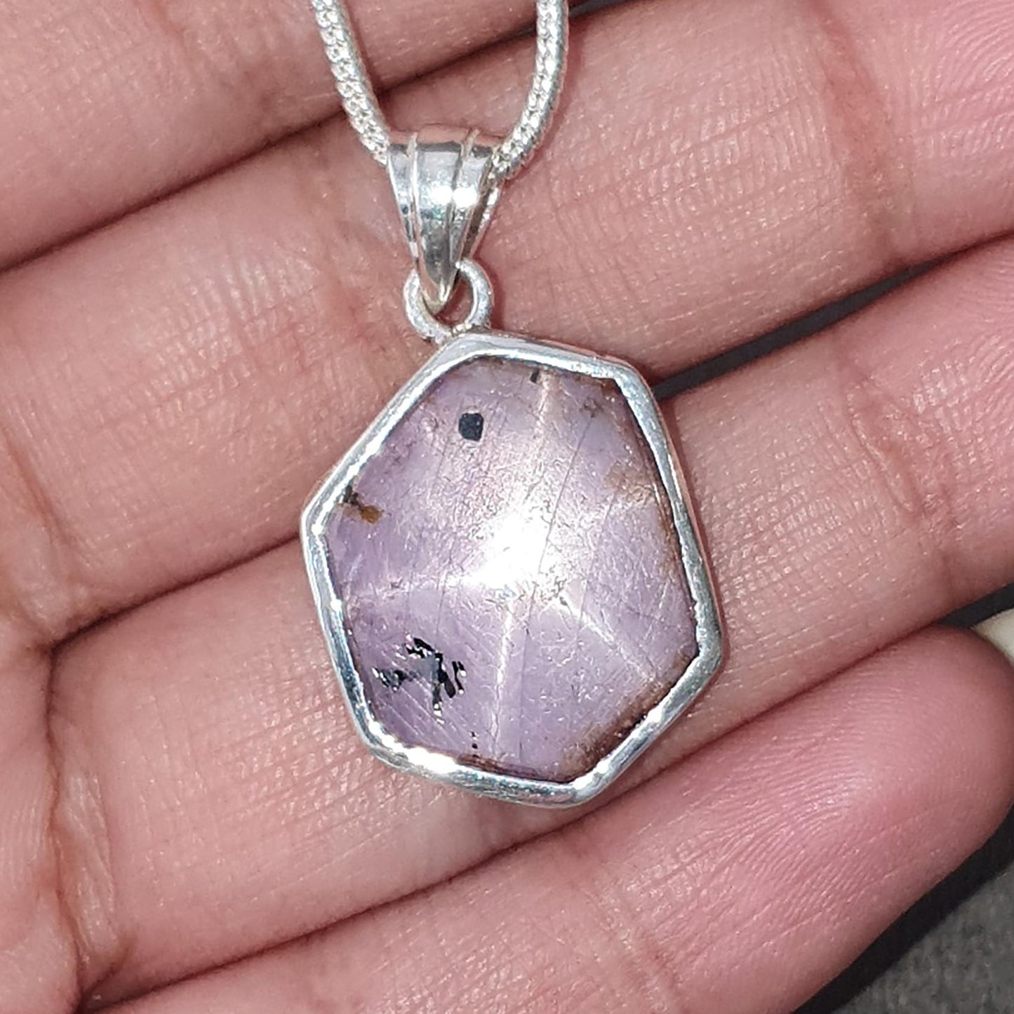 Star Ruby Silver Pendant: 4.05gms Natural Untreated Both Side Star Ruby Hexagon Plain Briolette 925 Sterling Silver Bezel Set Pendant 1.30"