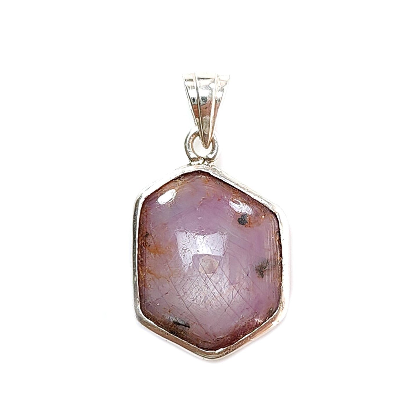 Star Ruby Silver Pendant: 4.05gms Natural Untreated Both Side Star Ruby Hexagon Plain Briolette 925 Sterling Silver Bezel Set Pendant 1.30"