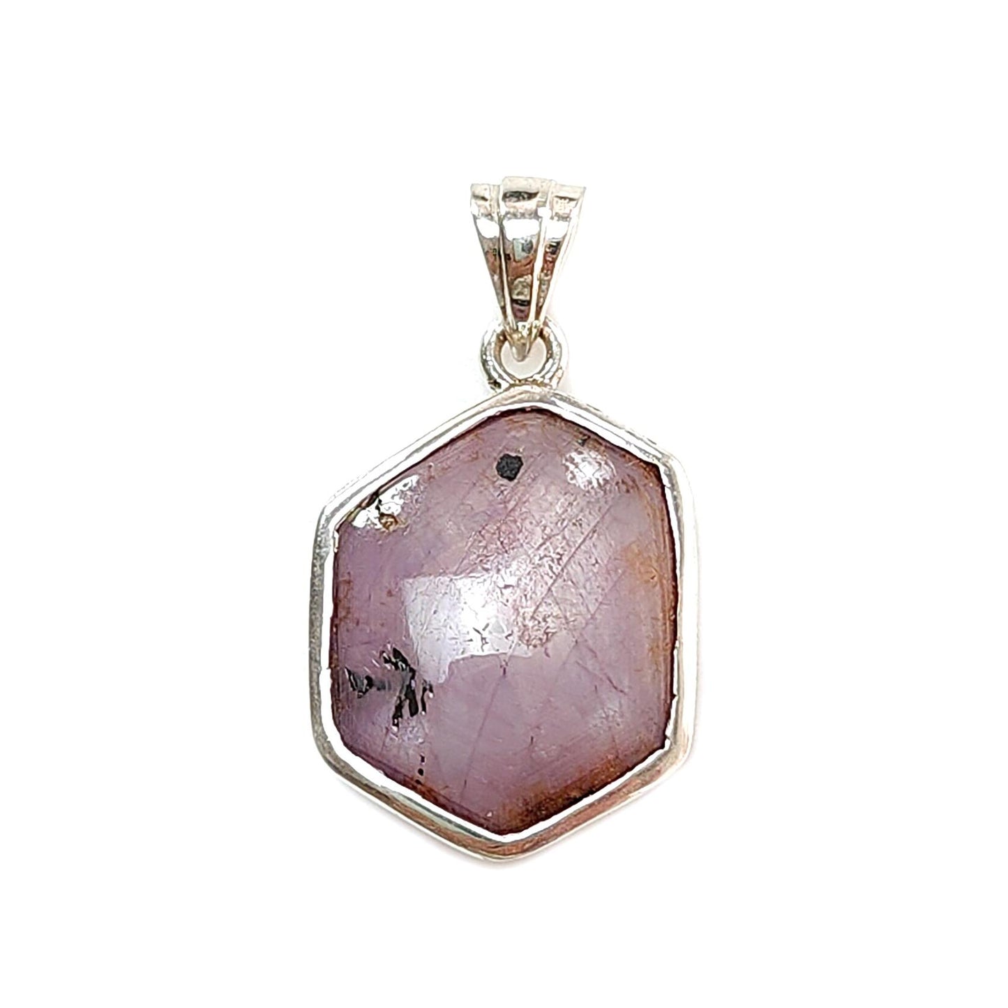 Star Ruby Silver Pendant: 4.05gms Natural Untreated Both Side Star Ruby Hexagon Plain Briolette 925 Sterling Silver Bezel Set Pendant 1.30"