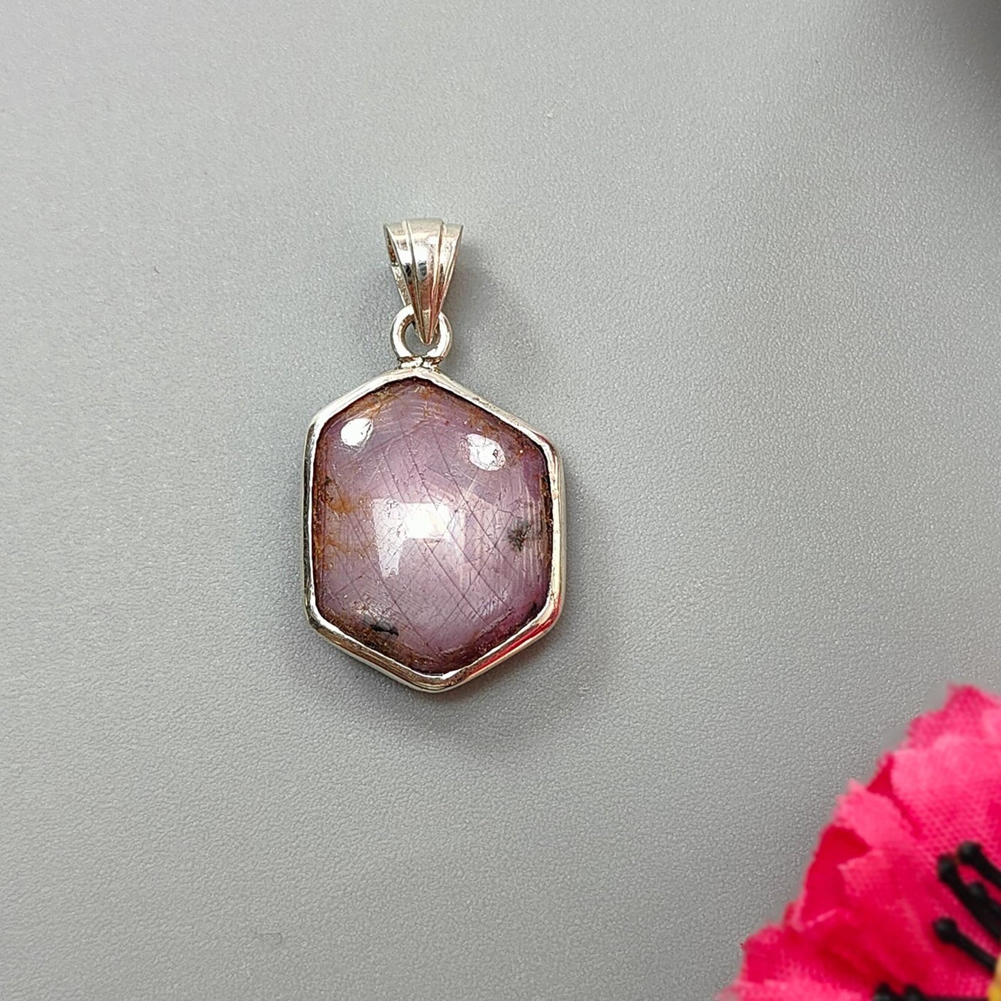 Star Ruby Silver Pendant: 4.05gms Natural Untreated Both Side Star Ruby Hexagon Plain Briolette 925 Sterling Silver Bezel Set Pendant 1.30"