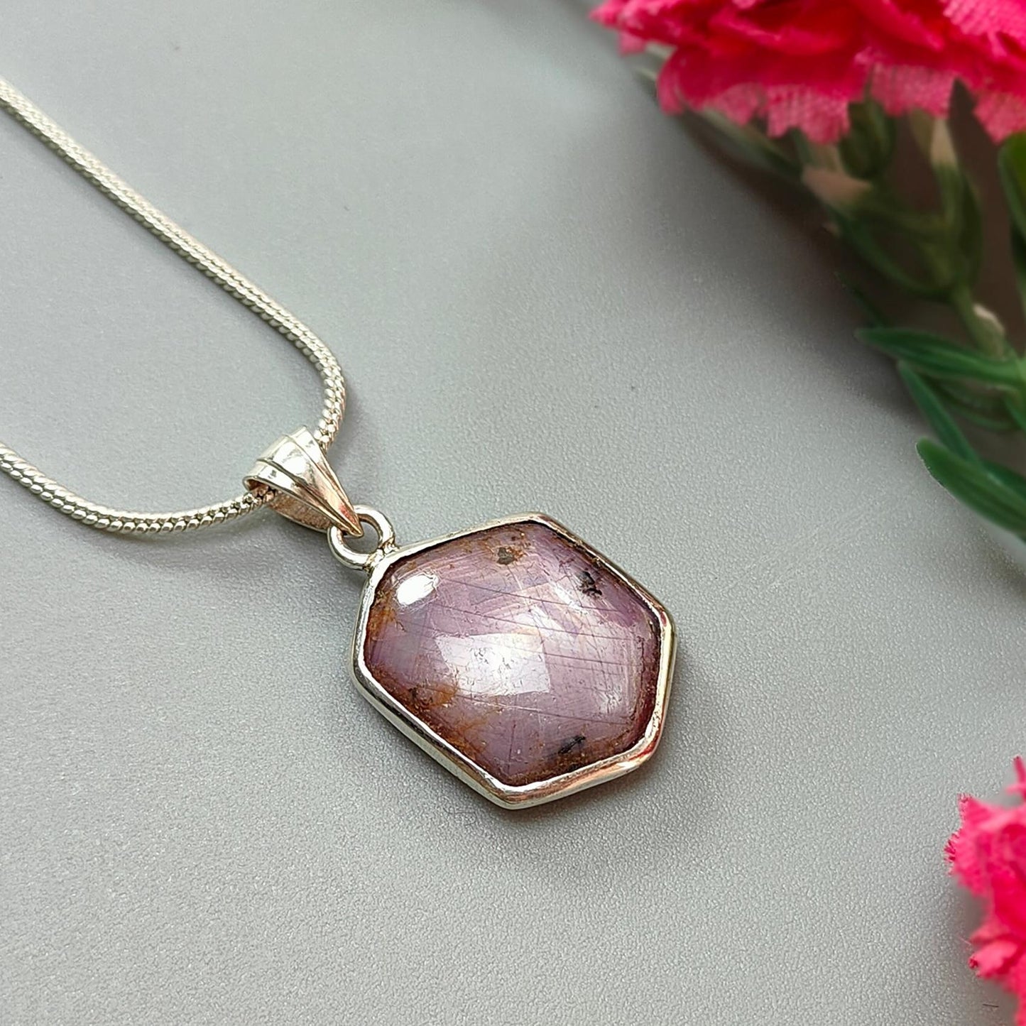 Star Ruby Silver Pendant: 4.05gms Natural Untreated Both Side Star Ruby Hexagon Plain Briolette 925 Sterling Silver Bezel Set Pendant 1.30"