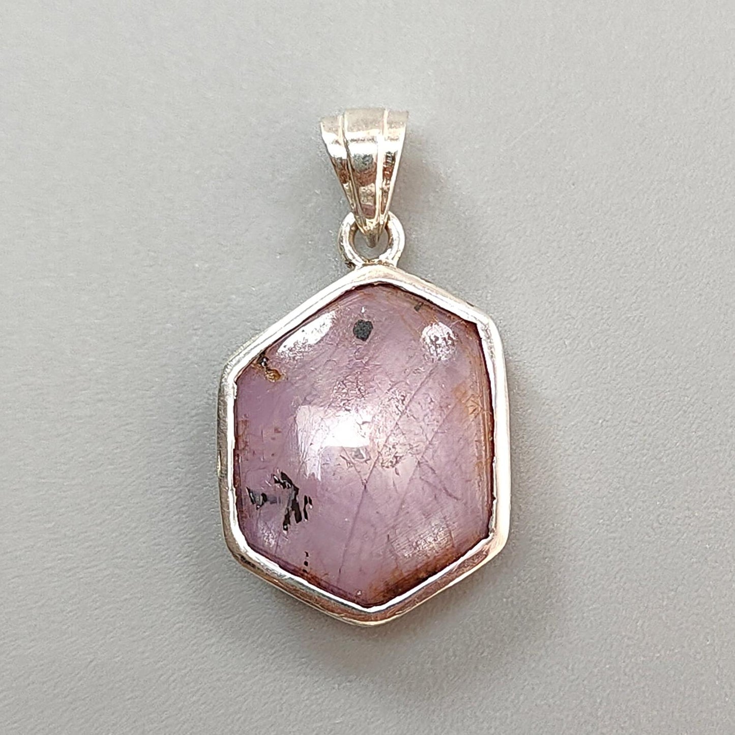 Star Ruby Silver Pendant: 4.05gms Natural Untreated Both Side Star Ruby Hexagon Plain Briolette 925 Sterling Silver Bezel Set Pendant 1.30"