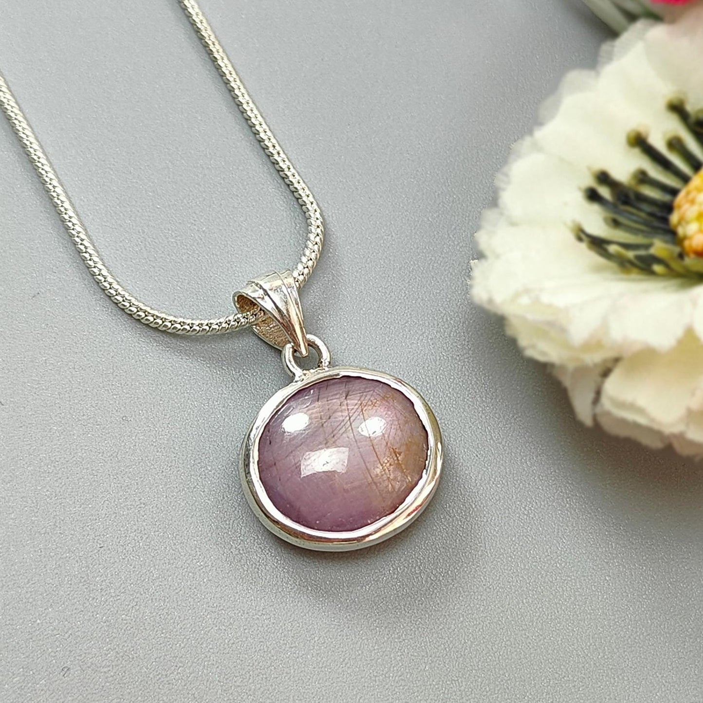 Star Ruby Silver Pendant: 3.74gms Natural Untreated Both Side Star Ruby Oval Shape Plain Briolette 925 Sterling Silver Bezel Set Pendant 1"