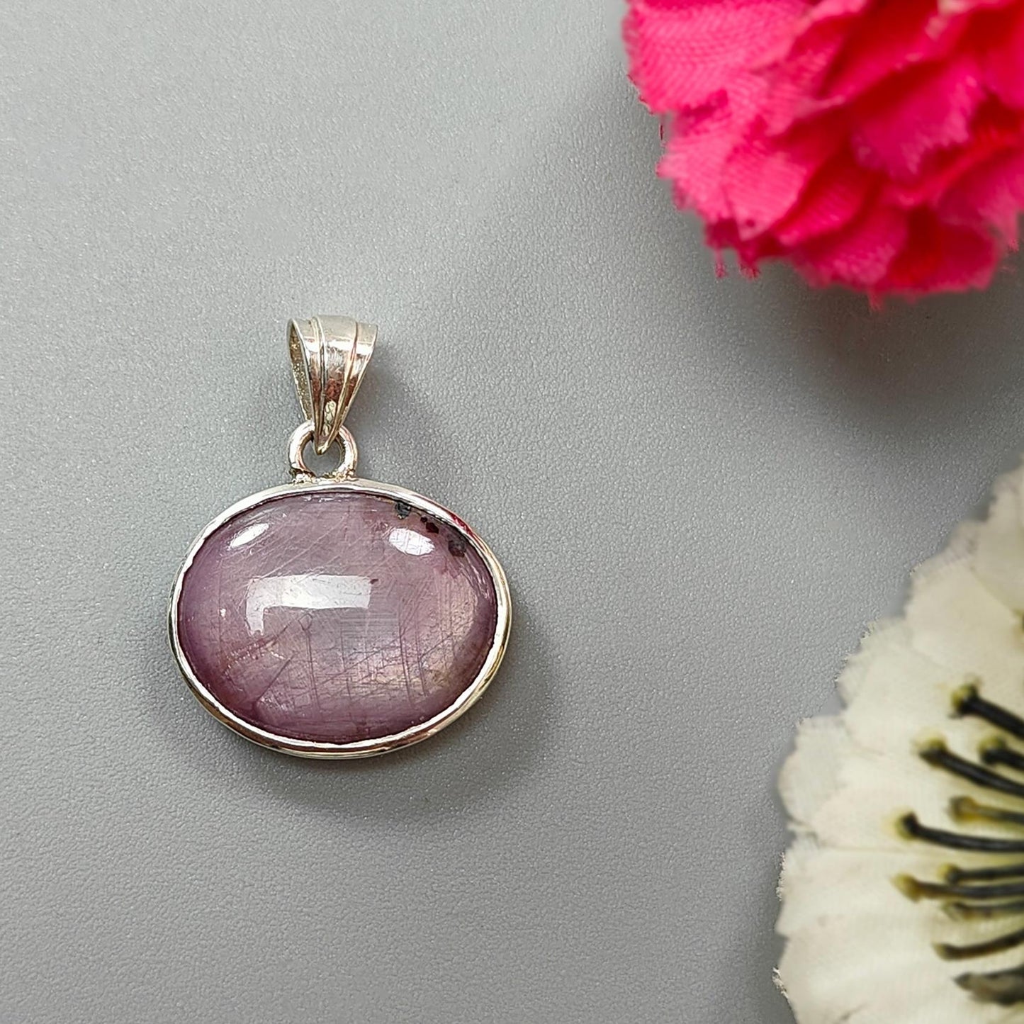 Star Ruby Silver Pendant: 4.01gms Natural Untreated Both Side Star Ruby Oval Shape Plain Briolette 925 Sterling Silver Bezel Set Pendant 1"